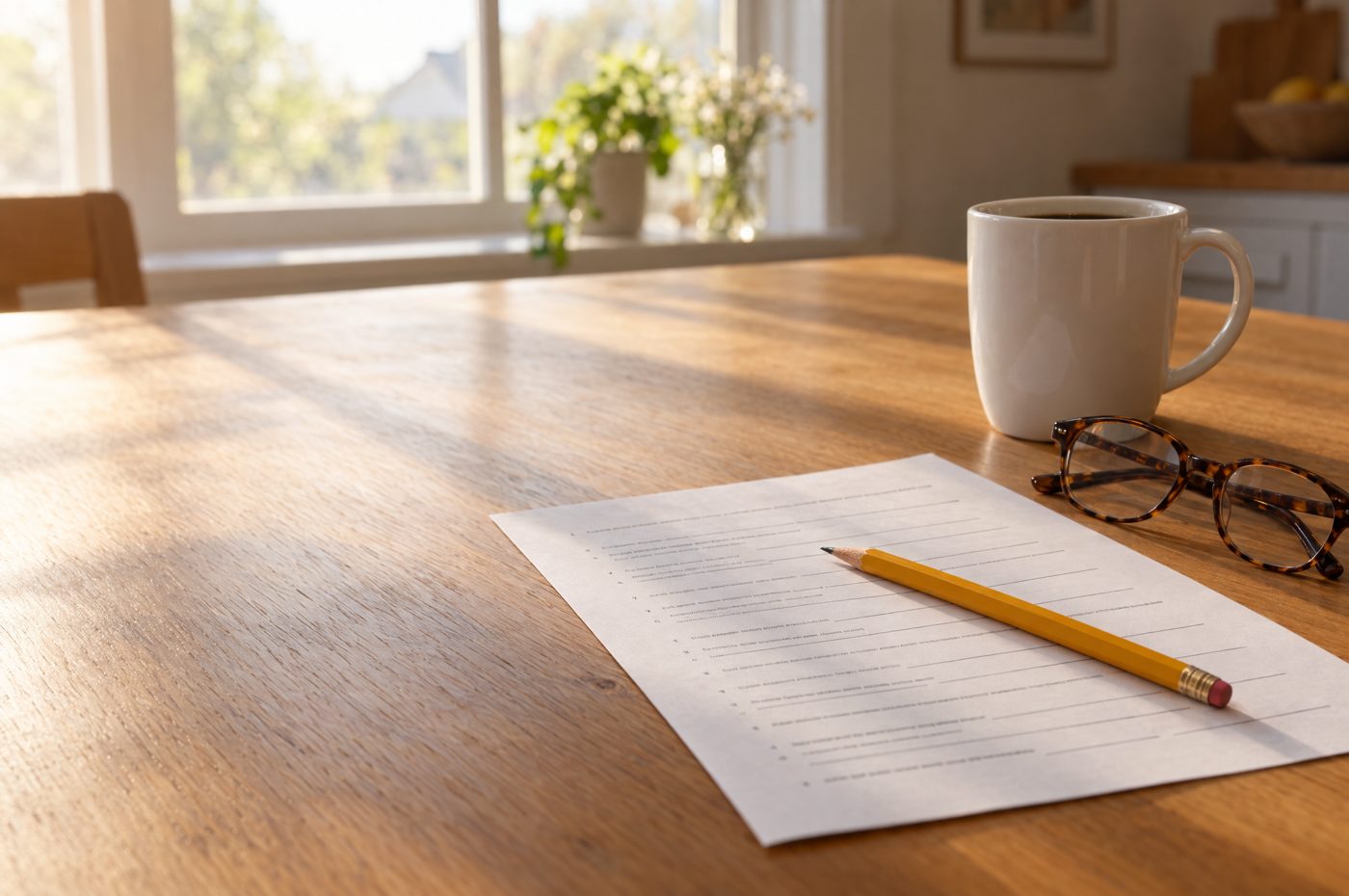 An oak kitchen table in morning window light with a blank worksheet, a pencil, folded reading glasses, and a mug of coffee